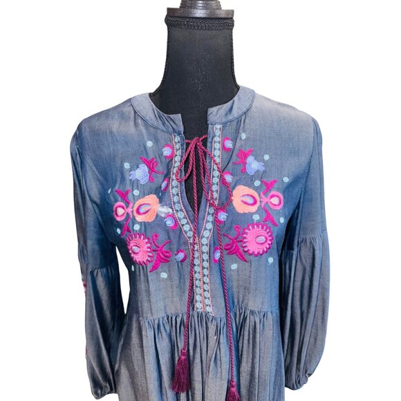 Umgee Babydoll S Blue Tencel Embroidered Boho Peasant Dress Balloon Slv Cottage - Picture 3 of 11